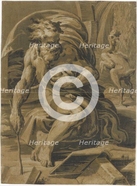 Diogenes, seated before his barrel, reading from a book, a plucked hen standing beh..., ca. 1527-30. Creator: Ugo da Carpi.