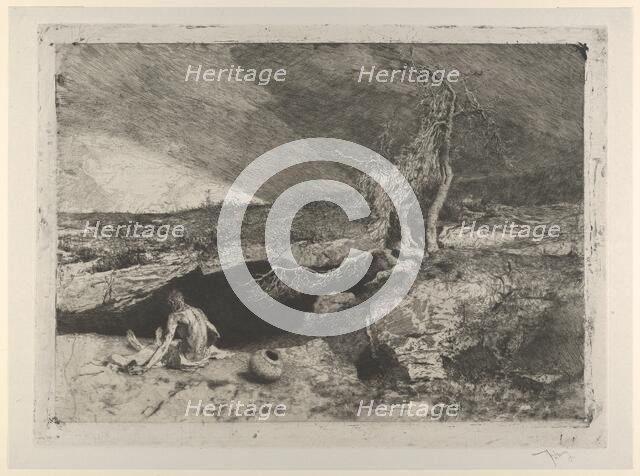 The Anchorite: a partially naked man seated at left in a landscape with what appears t..., ca. 1869. Creator: Mariano Jose Maria Bernardo Fortuny y Carbo.