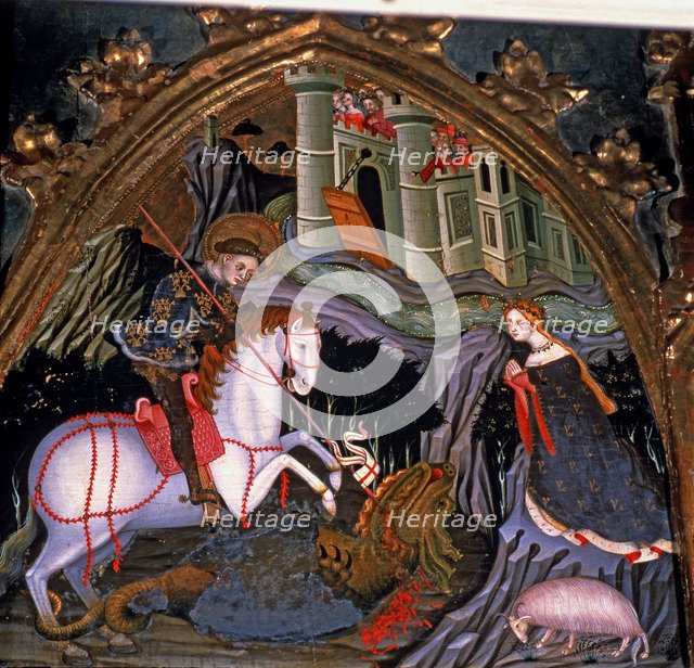 Altarpiece of the Virgin and St. George, detail of St. George and the princess, tempera on wood c…