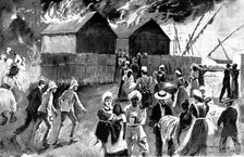 Fire at the Modykhana Plague Hospital: nurses saving the native patients, 1898.  Creator: Unknown.