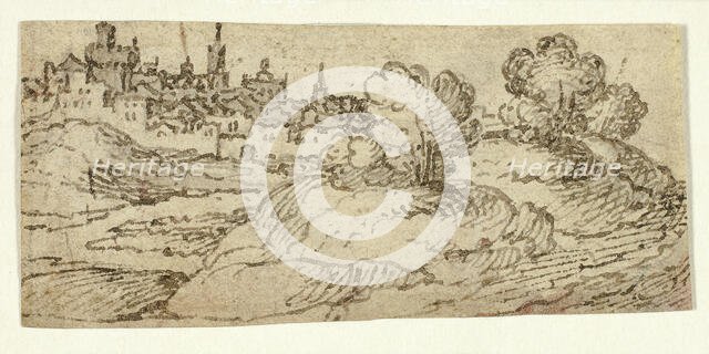 Hill Town with Trees in Foreground, n.d. Creator: Unknown.