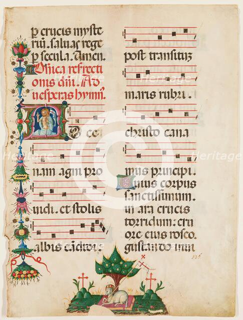Antiphonary Leaf: Historiated "A" with Risen Christ and Agnus Dei in Bottom Margin, late 15th cent. Creator: Unknown.