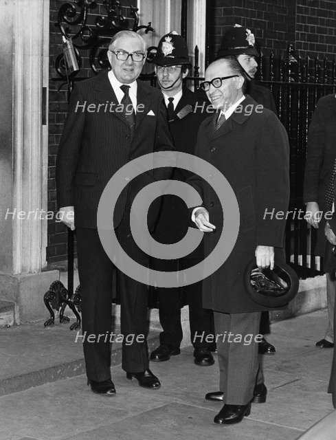 Menachem Begin and James Callaghan at Downing Street, . Artist: Sidney Harris