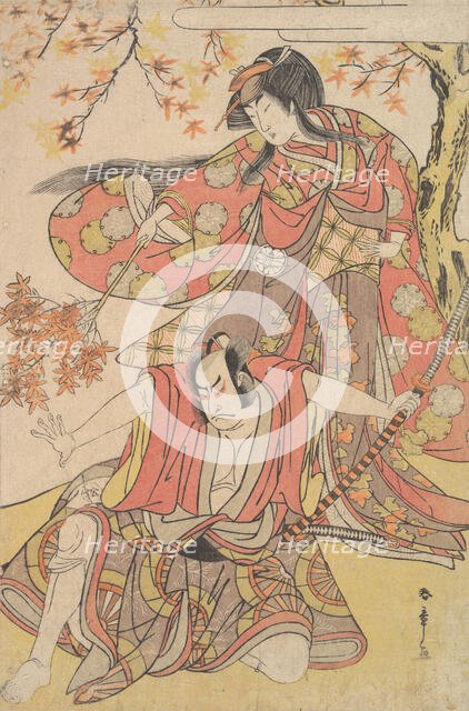 Segawa Kikunojo III as a Woman Standing under a Maple Tree in the Autumn, ca. 1778., ca. 1778. Creator: Shunsho.