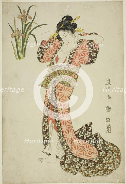 Irises: beauty arranging hair, from an untitled series of beauties and flowers, 1812. Creator: Utagawa Toyokuni I.