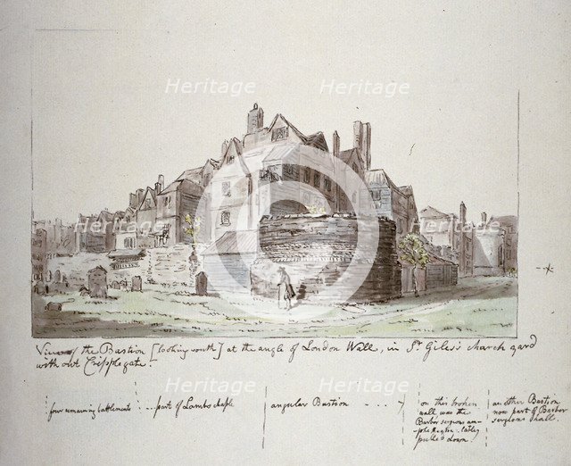 Bastion at the angle of London Wall, St Giles without Cripplegate churchyard, City of London, 1779. Artist: John Carter