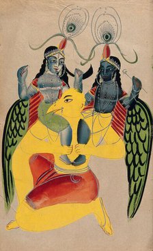 Garuda carrying two identical figures possibly Krishna and Balarama. Creator: Unknown.