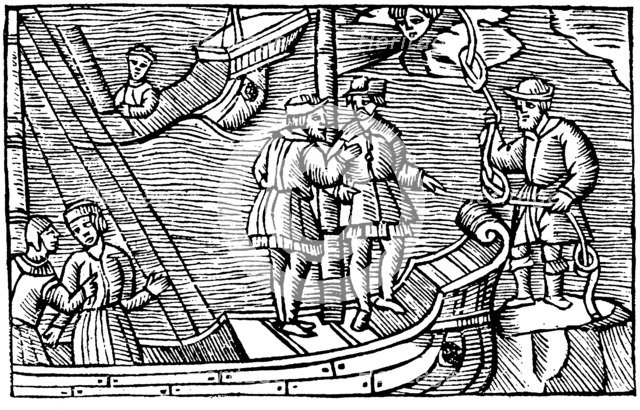 Sailors buying winds (tied in knots) from a magician, 1562. Artist: Unknown