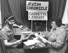 Recording the Jewish Chronicle cassette for the Jewish Blind Society, London, 1980. Artist: Sidney Harris