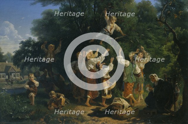 Cherry harvest in a landowner's fruit garden in the Ukraine, 1858. Artist: Sokolov, Ivan Ivanovich (1823-1918)