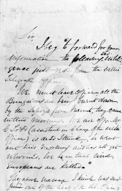 Message communicating the outbreak of the Indian Mutiny, 1857. Creator: Unknown.