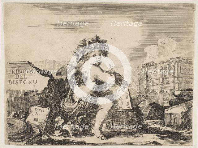 Plate 1: the genius of drawing, a child with wings, seated on a rock in center turn..., ca. 1641-43. Creator: Stefano della Bella.
