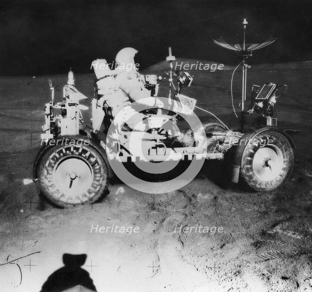 Davis Scott waiting for James Irwin during extra-vehicular activity on the Apollo 15 mission, 1971. Artist: Unknown
