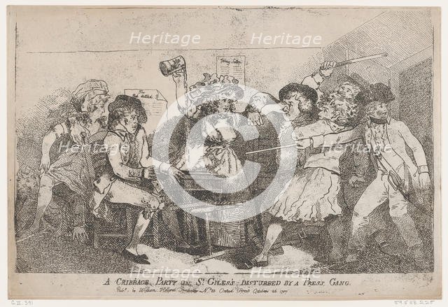 A Cribbage Party in St. Giles's Disturbed By A Press Gang, October 26, 1787., October 26, 1787. Creator: Thomas Rowlandson.