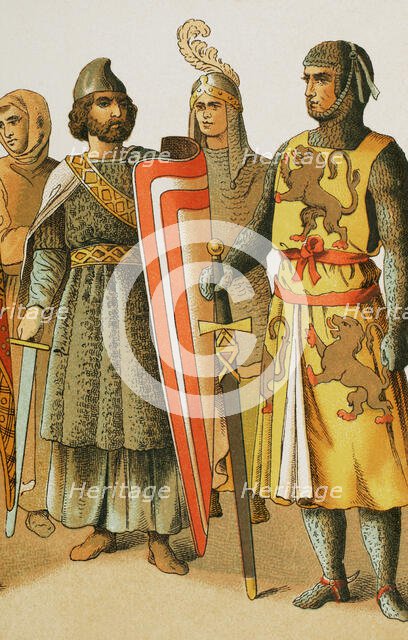 History of France; Warriors, 1100, (1884). From  "Historia Universal" by César Cantú, Vol V, 1884. Creator: Unknown.