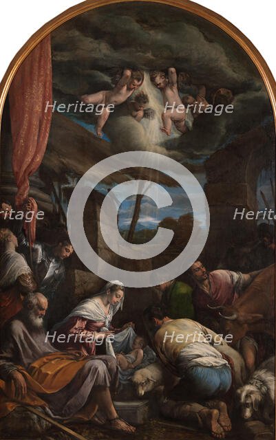 The Adoration of the Shepherds with Saints Victor and Corona, 1568. Creator: Bassano, Jacopo, il vecchio (around 1510-1592).