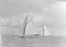 The 15 Metre sailng yachts 'Thanet' and 'Cestrian' race close-hauled, 1922. Creator: Kirk & Sons of Cowes.