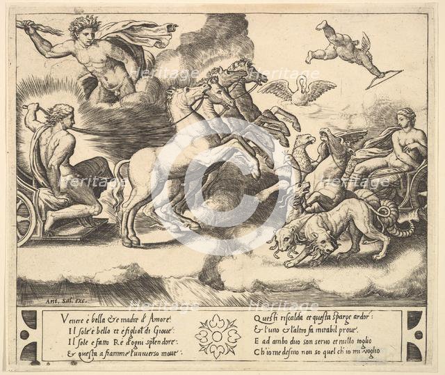 Apollo in his horse-drawn chariot at the left, above him above Jupiter hurls a thunderb..., 1530-60. Creator: Master of the Die.