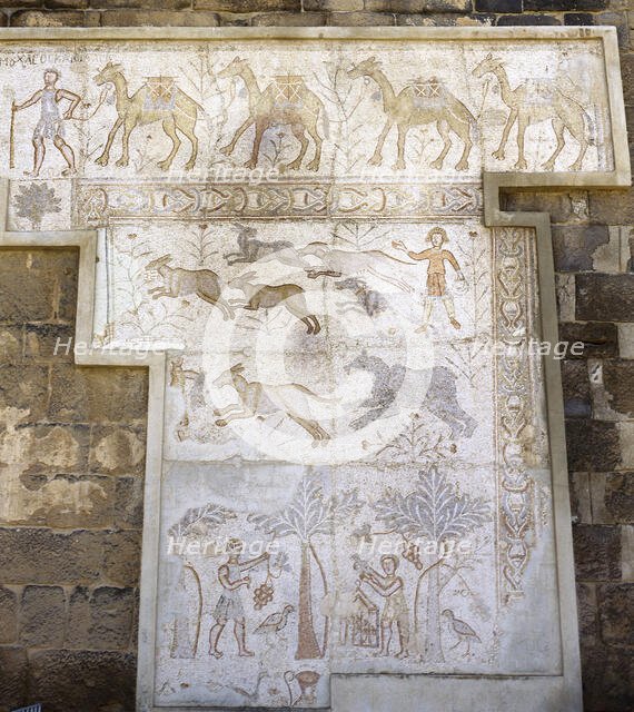 Mosaic with camel caravan and hunting and agricultural works, Roman Theatre, Bosra, Syria, (2001).  Creator: LTL.