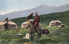 Kazakh with a Golden Eagle, on a Horse with Yurts in the Background, Valley of the Arakan...,1911-13 Creator: Sergei Ivanovich Borisov.