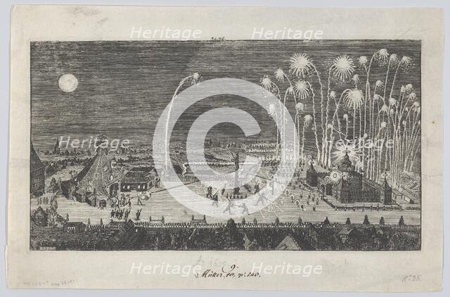 Fireworks display celebrating the end of the Thirty Years War, Nuremberg, 1650 Creator: Anon.