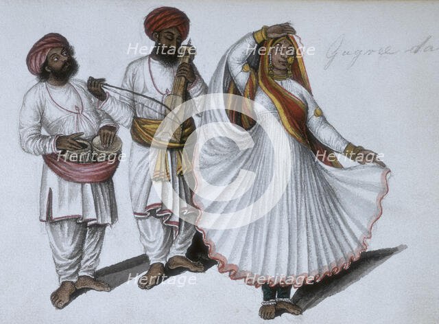A dancing girl performing the 'gagri' dance with two musicians, 1856. Creator: Unknown.