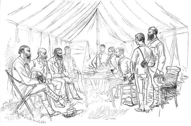 The Transvaal War: meeting of Sir Evelyn Wood and Commandant Joubert to arrange the armistice, 1881. Creator: Unknown.
