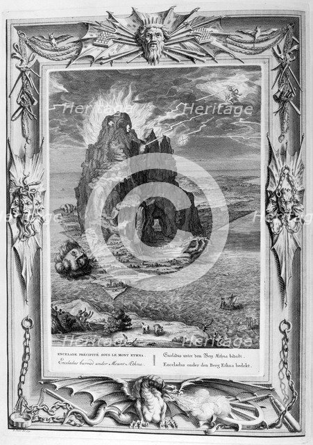 Enceladus buried underneath Mount Etna, 1733. Artist: Bernard Picart