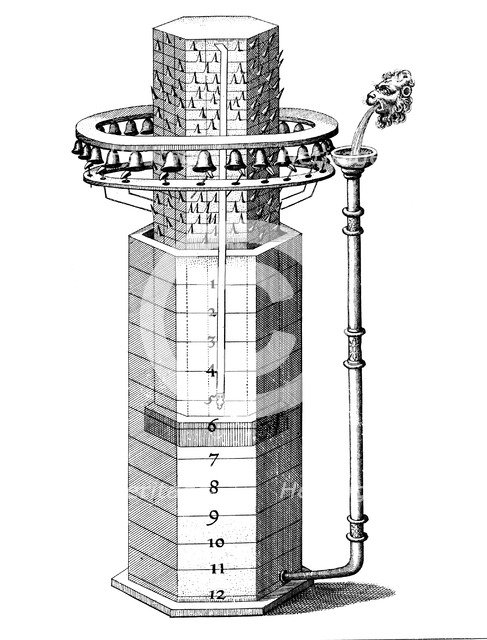 Clepsydra (water clock) indicating hours and chiming, 1617-1619. Artist: Unknown