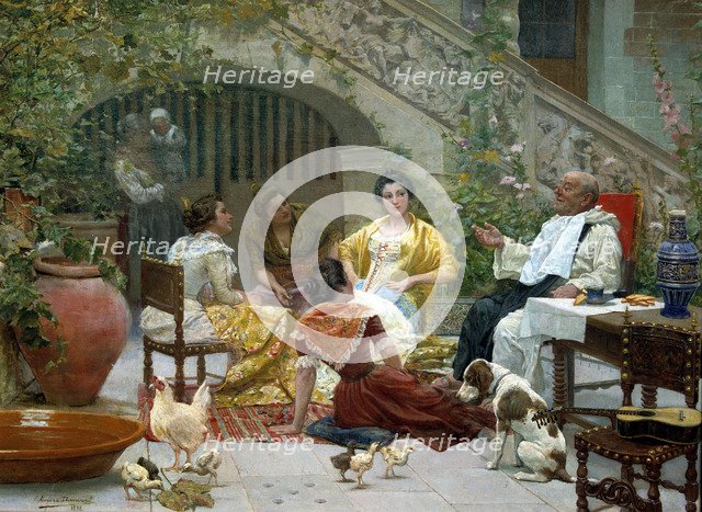 Social gathering in the courtyard', oil by Eugenio Dumont.