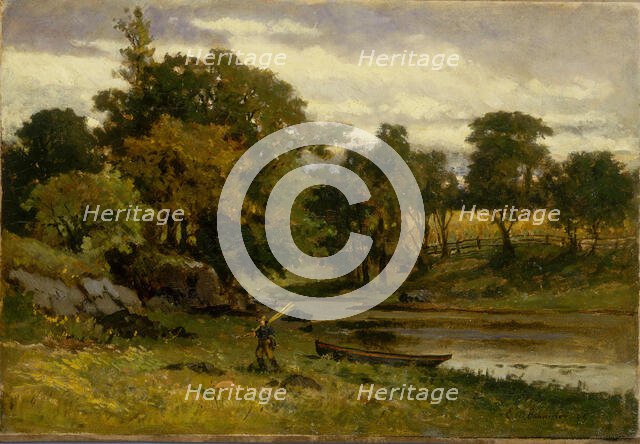 Untitled (landscape, boat moored near stream, man walking in foreground), 1879. Creator: Edward Mitchell Bannister.