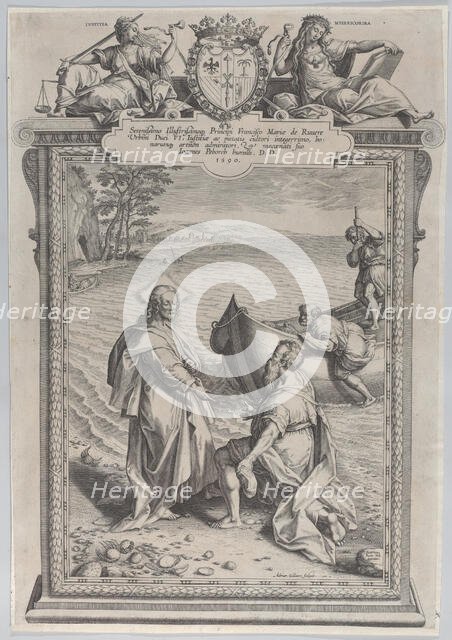 Christ calling Saint Andrew, who kneels before him on a beach, and Saint Peter, who climbs..., 1590. Creator: Adriaen Collaert.