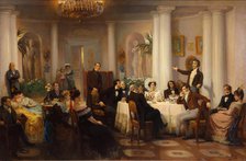 Pushkin and his friends listen to Adam Mickiewicz in the salon of Princess Zinaida Volkonskaya, 1899 Creator: Myasoedov, Grigori Grigoryevich (1834-1911).