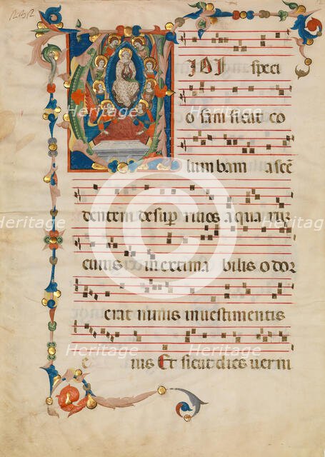 Manuscript Leaf with the Assumption of the Virgin in an Initial V, from an Antiphonary, ca. 1340. Creators: Niccolò di ser Sozzo, Virgin Mary.