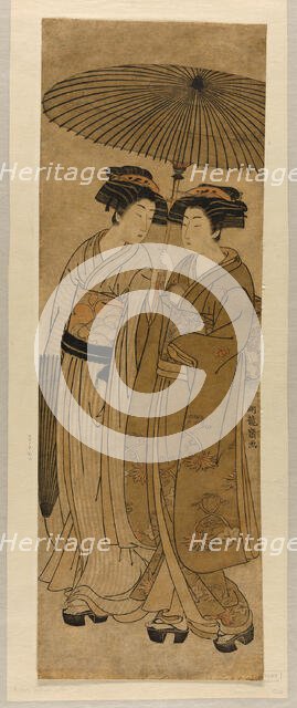 Two Young Women Walking Under an Umbrella, c. 1777. Creator: Isoda Koryusai.