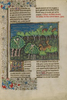 Camouflaged Hunters Preparing to Attack a Deer; Livre de la Chasse, about 1430-1440. Creator: Unknown.