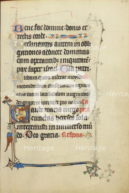 Initial G: The Virgin Mary Pointing to Books Burning in a Fire; Ruskin Hours, about 1300. Creator: Unknown.