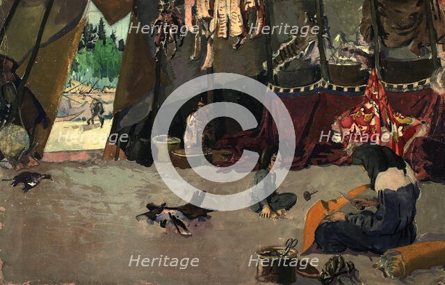 Birch bark yurt - Interior view of the yurt. Selkups, 1920. Creator: A. G. Vargin.