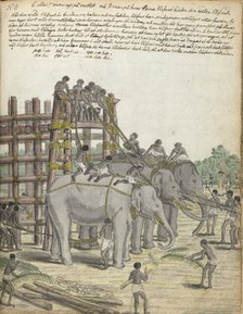 A Bound Elephant being led from the Last Section of the trap, the Prison Corral, 1785. Creator: Jan Brandes.