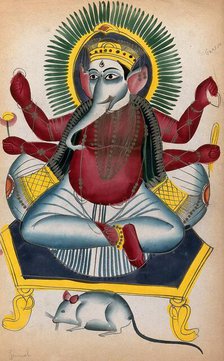 Ganesha enthroned holding his symbols with his rat. Creator: Unknown.