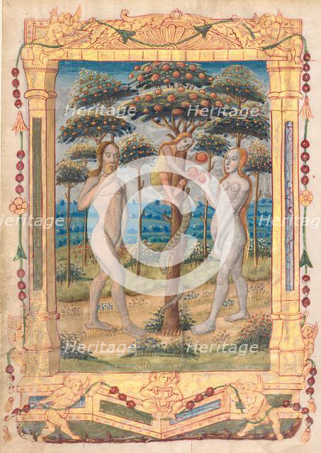 Leaf from a Book of Hours: Adam and Eve and the Fall of Man (recto)..., c. 1510. Creator: Unknown.
