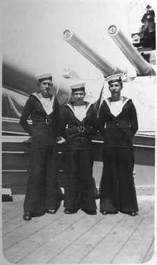 'Ted and pals', three Royal Navy sailors on board a warship, c1920s-c1930s(?). Artist: Unknown