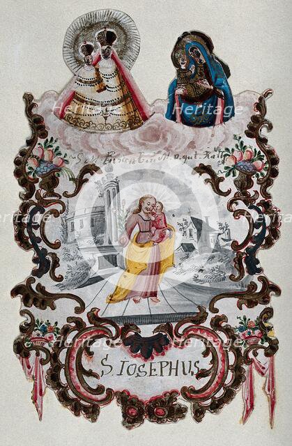 Saint Joseph holding the Christ Child beneath two images of the Virgin and Child. Creator: Unknown.