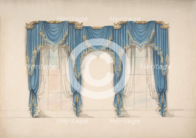 Design for Blue Curtains with Gold Fringes and Pediments, early 19th century. Creator: Anon.