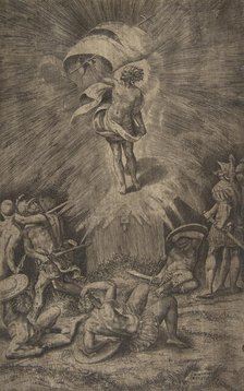 The resurrection of Christ, holding a banner in his right hand, soldiers surrounding the t..., 1561. Creator: Giulio Bonasone.