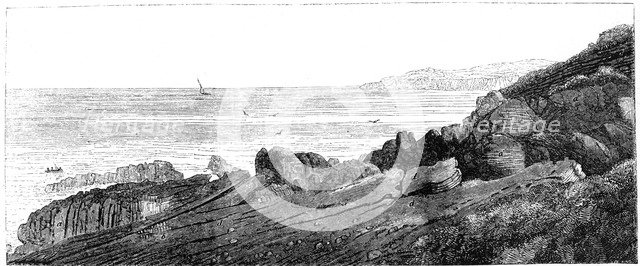 Strata of red sandstone, slightly inclined, Siccar Point, Berwickshire 1852. Artist: Charles Lyell