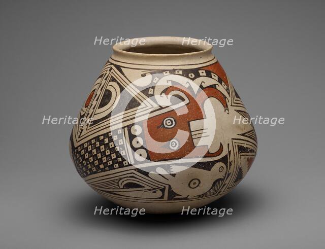 Jar with Two Plumed or Horned Serpents with Birds and P-shaped Motifs, 1280/1450. Creator: Unknown.