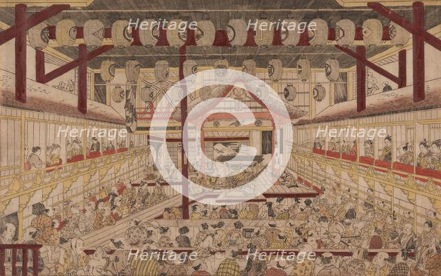 Perspective View of the Interior of the Nakamura Theater with Ichikawa Ebizo II as Yanone Goro, 1740 Creator: Okumura Masanobu (Japanese, 1686-1764).