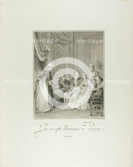 I Accept the Happy Omen, from Monument du Costume Physique et Moral de la fin du Dix-huiti..., 1776. Creator: Philippe Triere.