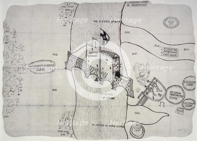 Plan depicting the siege by Sir John Perot, Lord President of Munster, County Kerry Castlemaine,1572 Creator: Unknown.